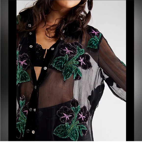 Free People Black Sheer Floral Button Down Shirt - Picture 3 of 5